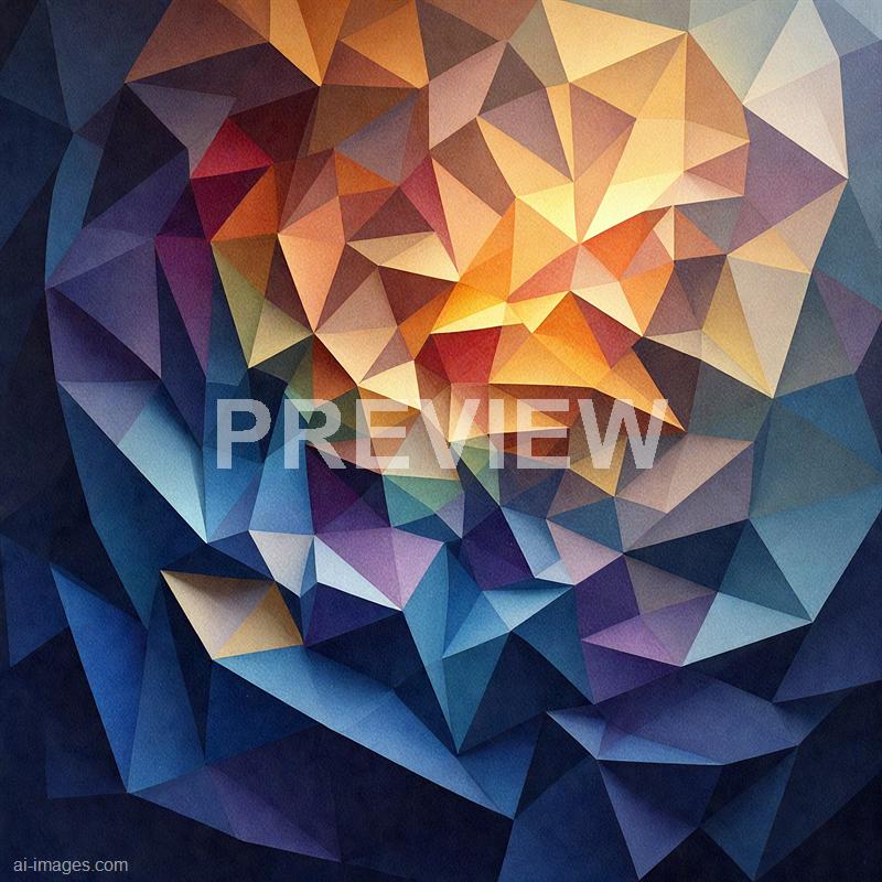 The image features a geometric abstract pattern composed of numerous interconnected triangles in a mosaic style. The color palette transitions from deep blues and purples on the lower left to warm oranges, reds, and yellows towards the center and upper right, creating a vibrant and dynamic visual effect. The textured appearance of the triangles adds depth and complexity to the overall composition.